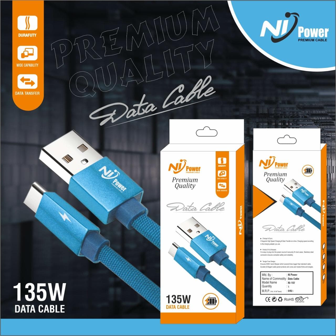 Ni Power Ni-102 135w Fast Charging  V8 Data Cable