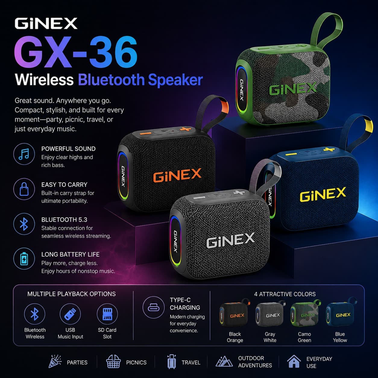 GINEX GX-36 Wireless Bluetooth 5.3 Portable Speaker