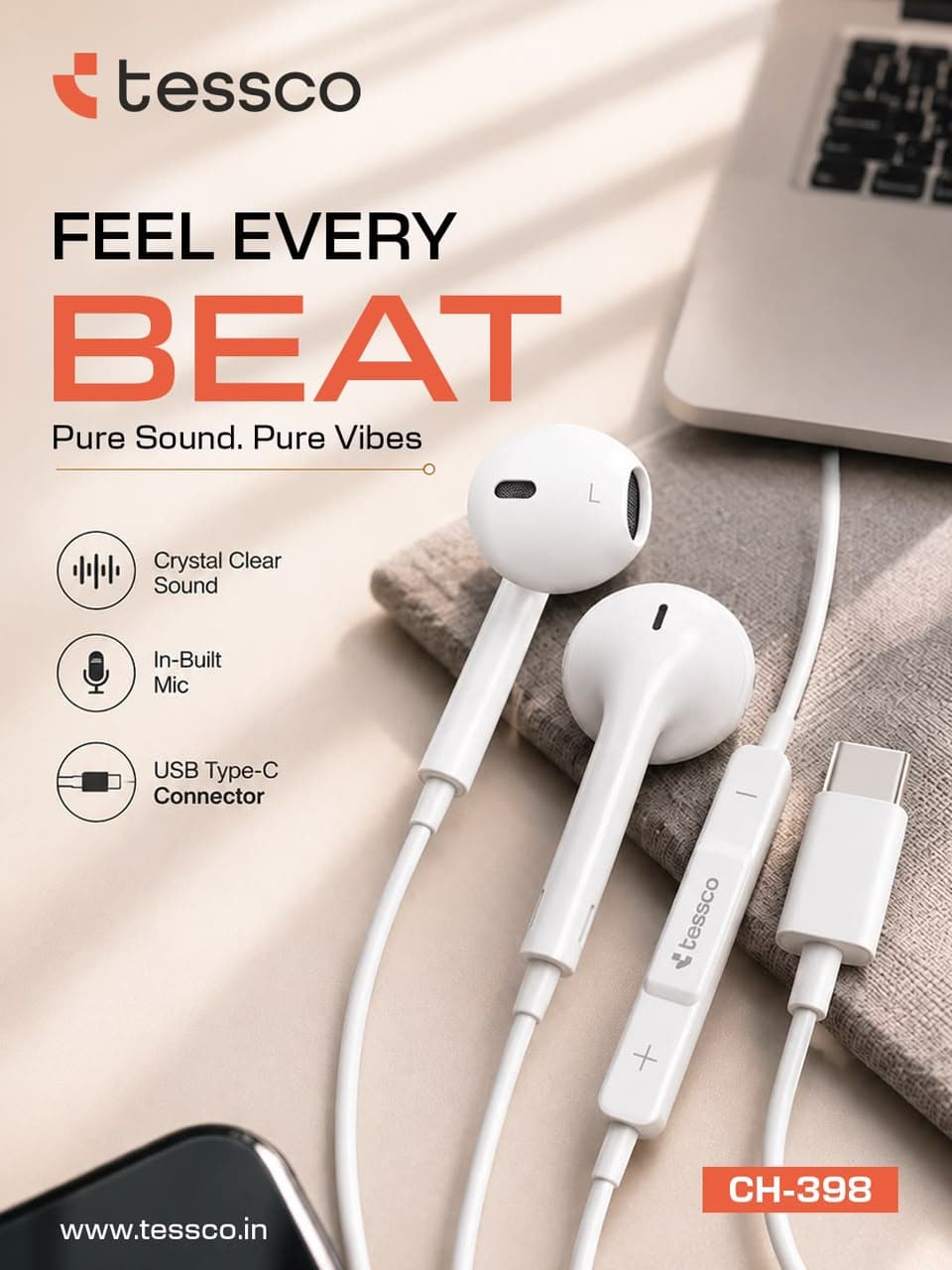 Tessco CH-398 USB Type-C Wired Earphones
