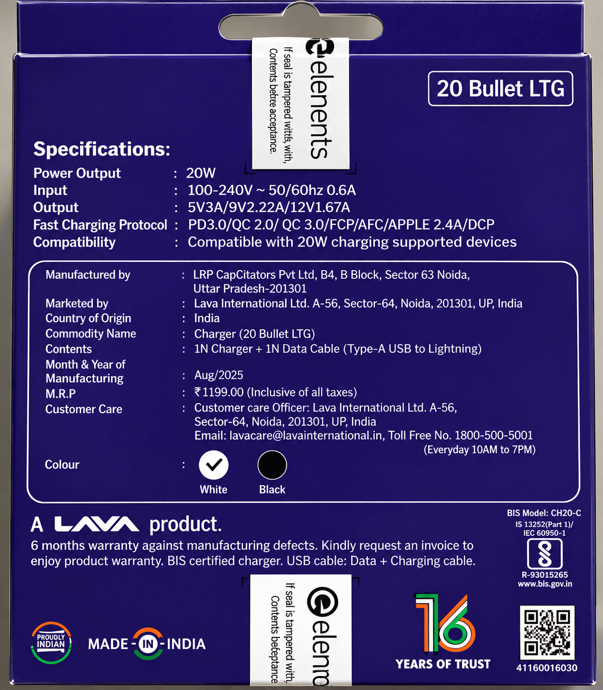Elements By Lava Bullet 20W Fast Charging Adapter