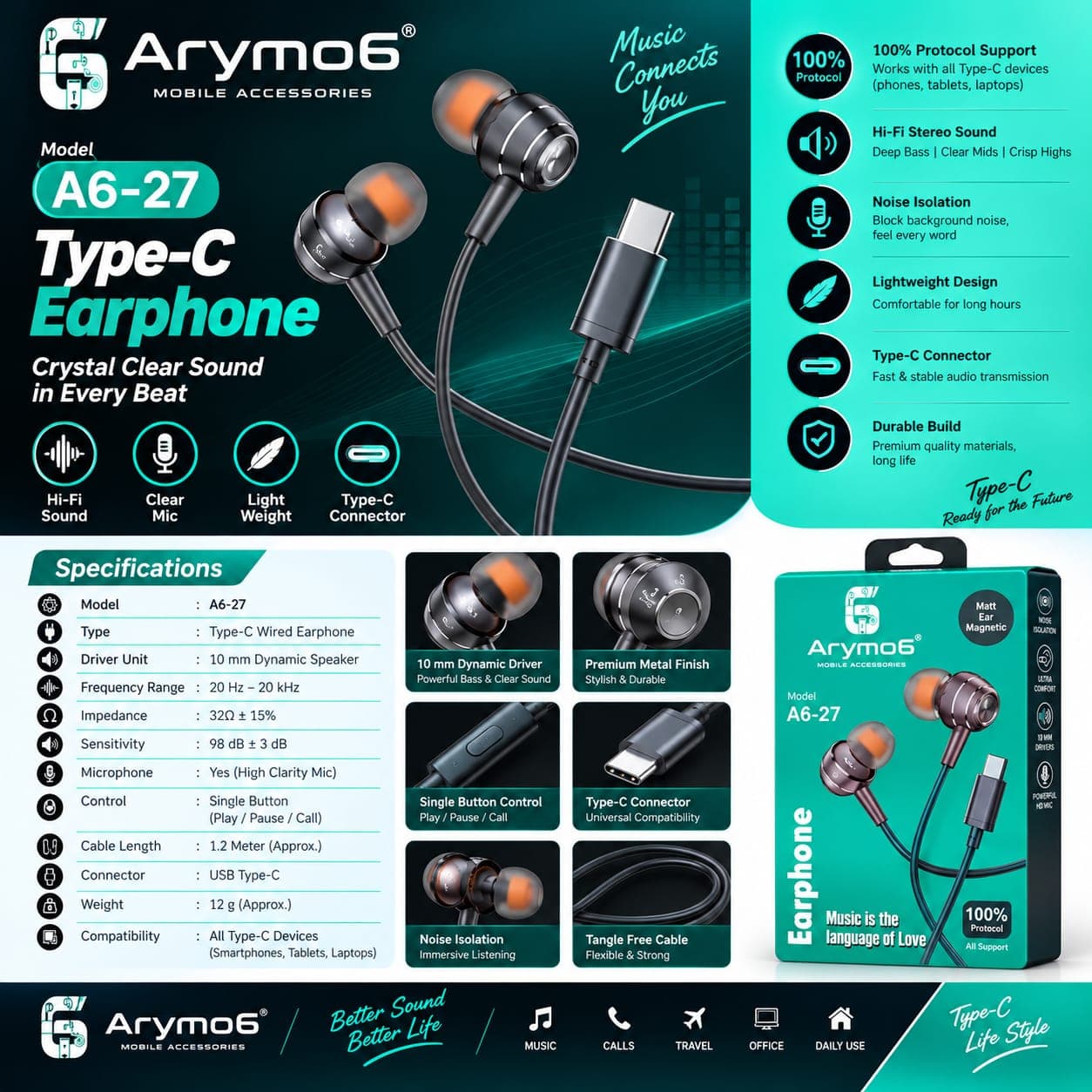 Arymo6 A6-27 Type-C Wired Earphone