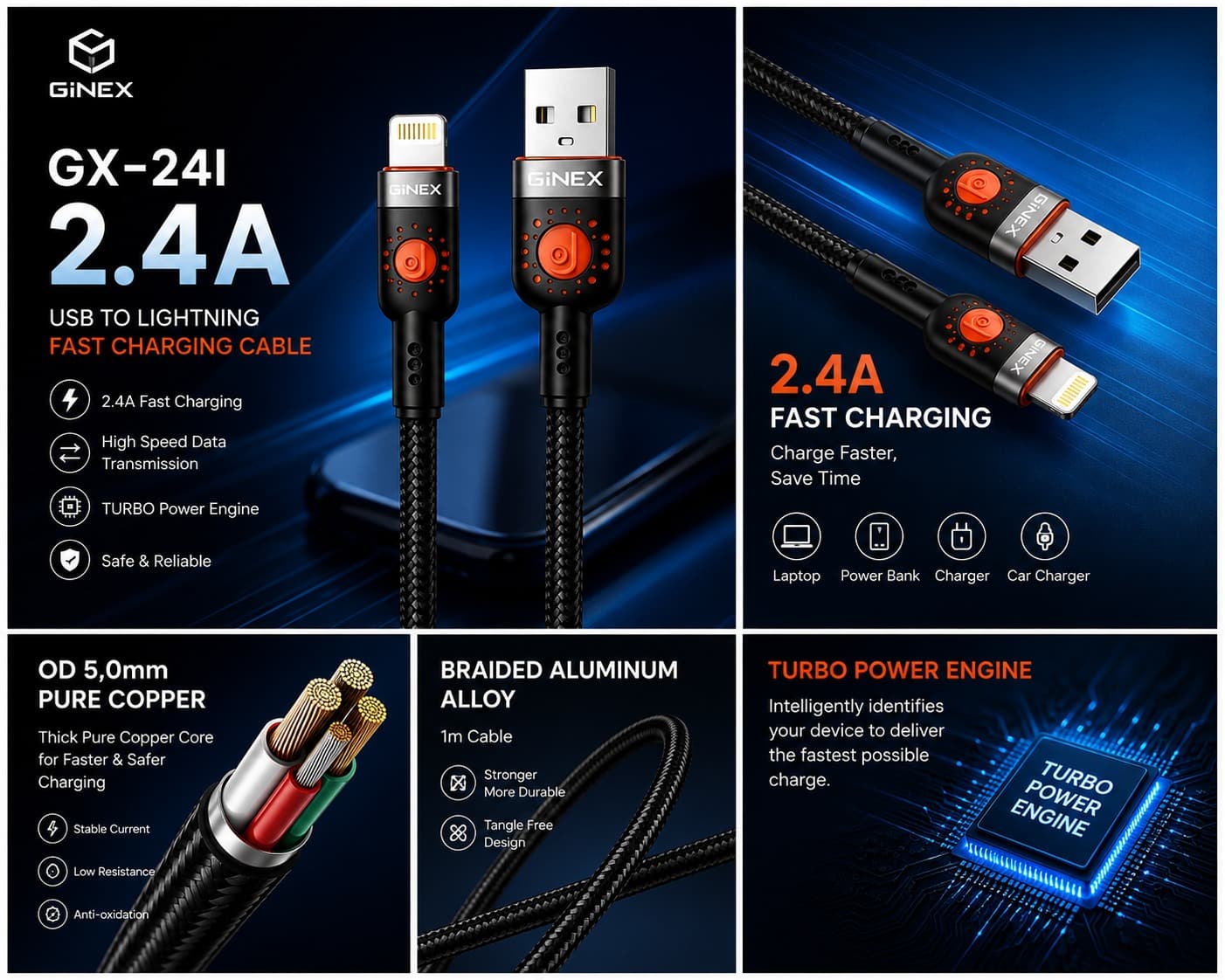 GINEX GX-24I 2.4A USB To Lightning Fast Charging Cable image 1