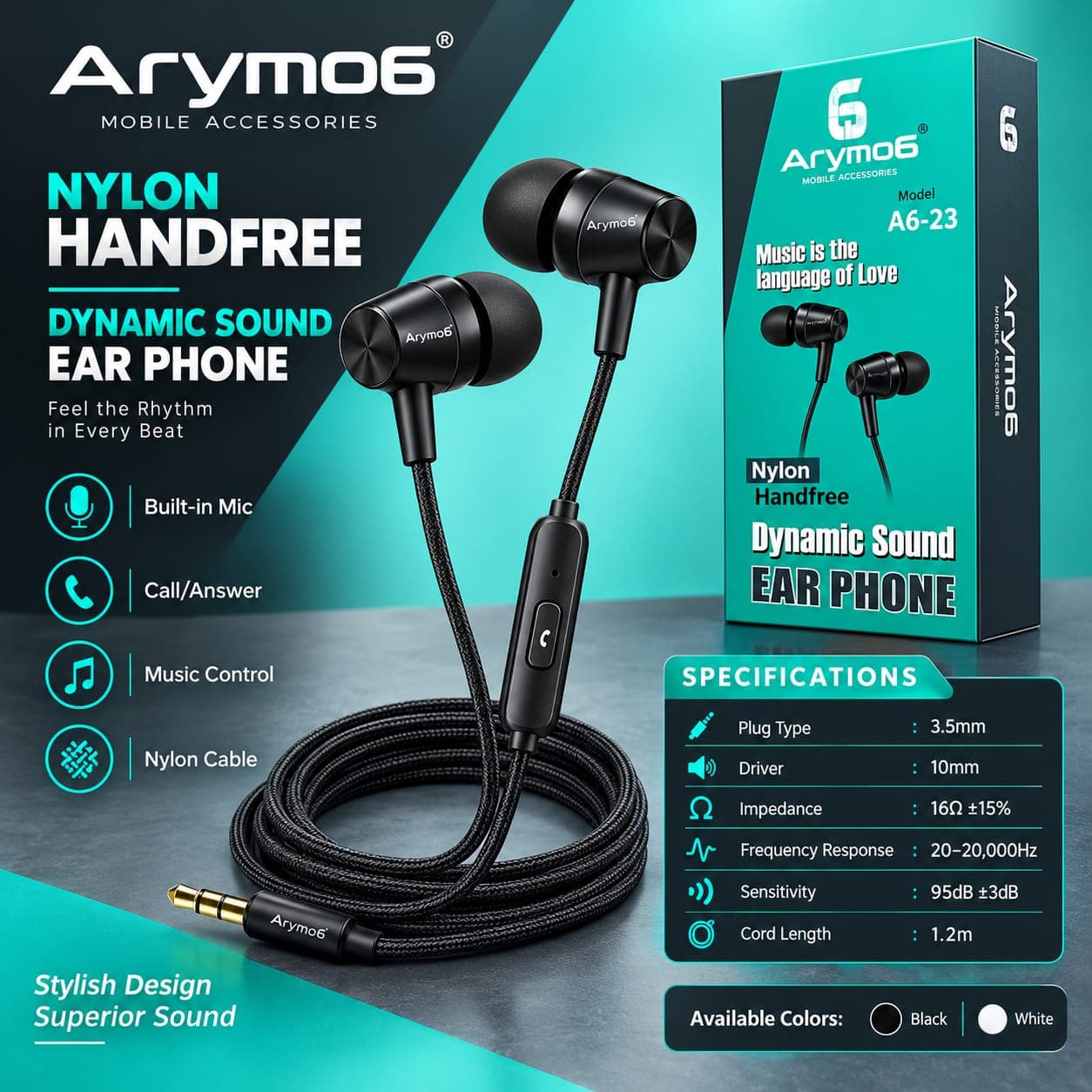 Arymo6 A6-23 Nylon Braided Wired Handsfree 3.5mm Jack With Mic image 1