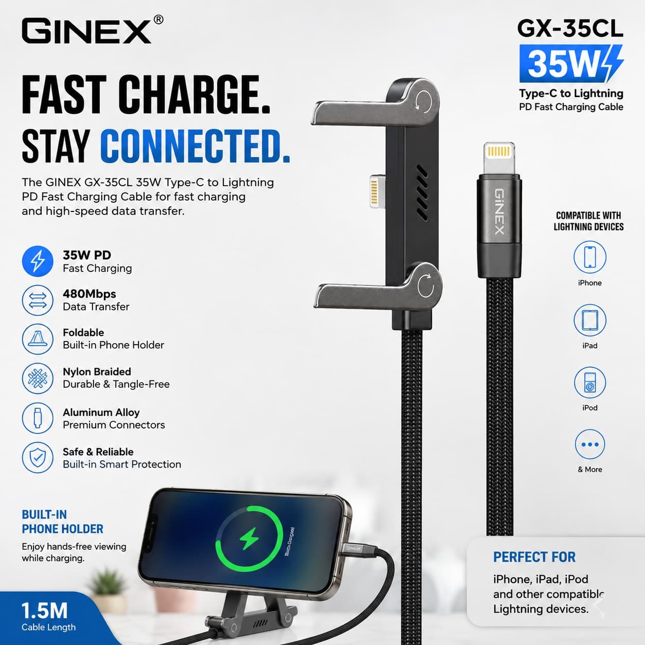 GINEX GX-35CL 35W Type-C To Lightning PD Fast Charging Cable image 1