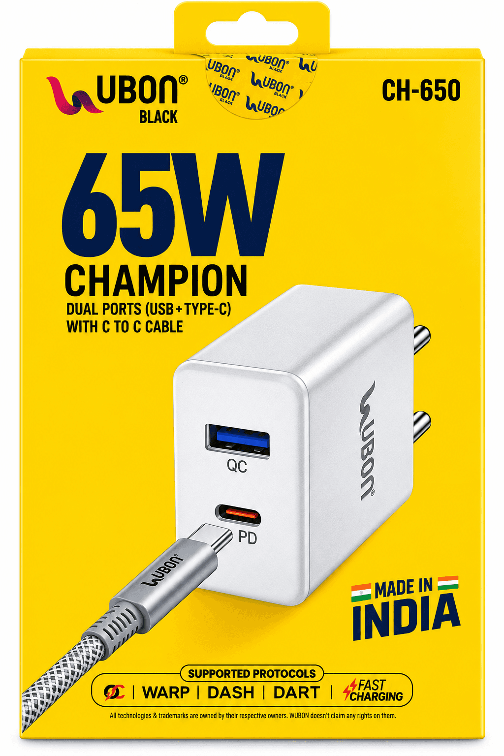 UBON Black CH-650 Champion 65W Fast Charger With Type-C To Type-C Cable