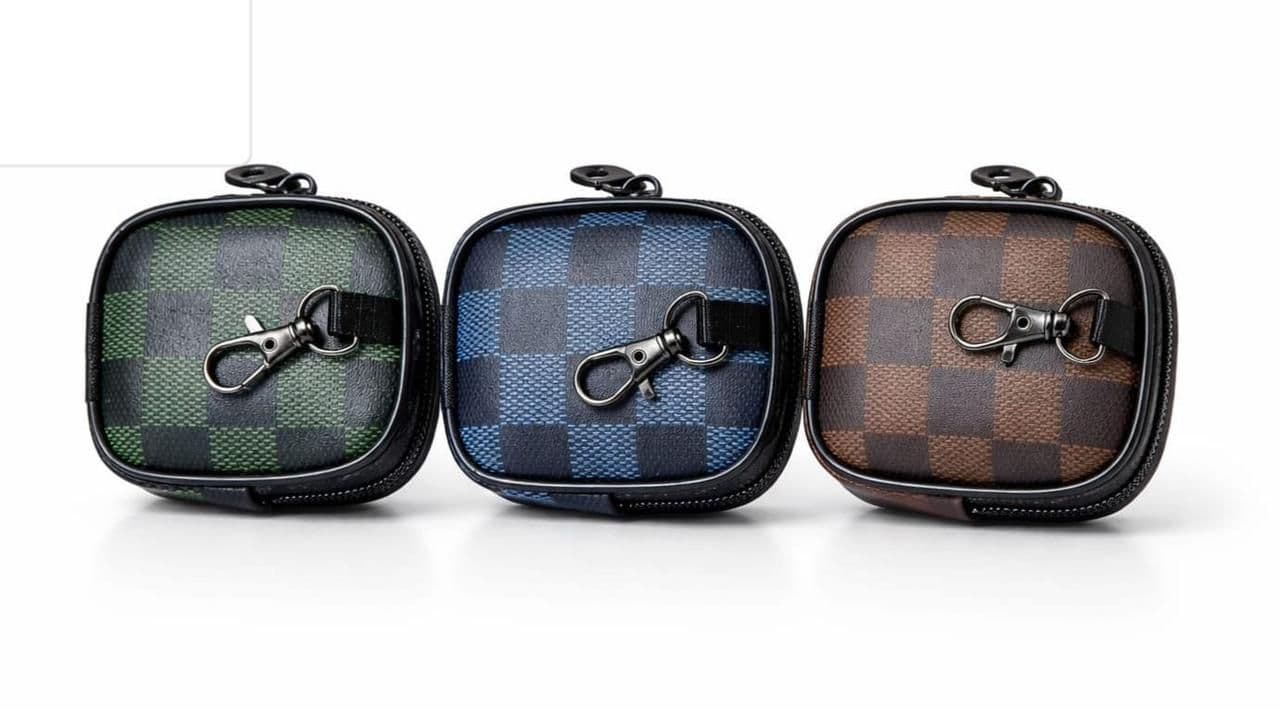 Premium PU Leather Button Pouch Earbuds Protective Case With Keychain Hook image 1