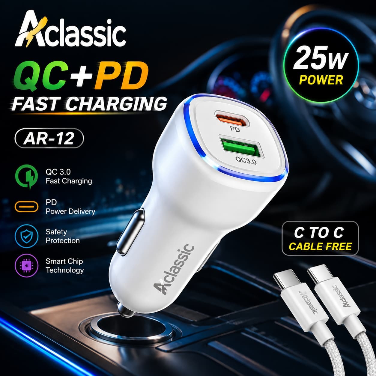 Aclassic AR-12 25W QC+PD Dual-Port Car Charger image 1