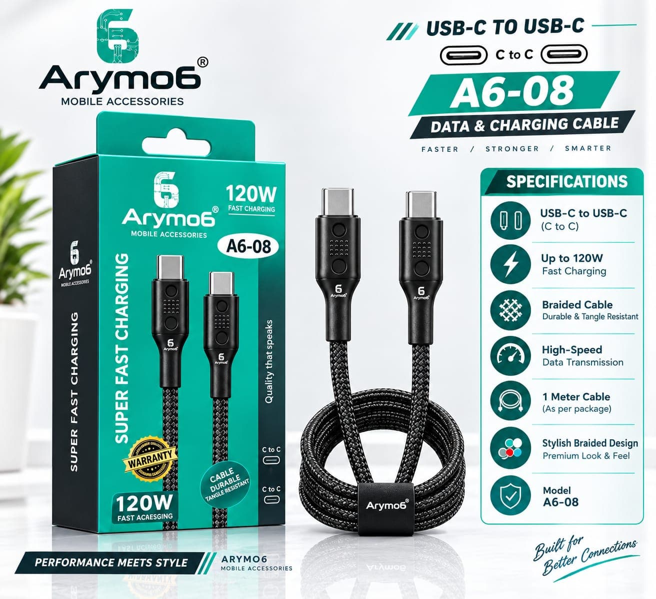 Arymo6 A6-08 120W USB-C To USB-C Fast Charging Braided Data Cable