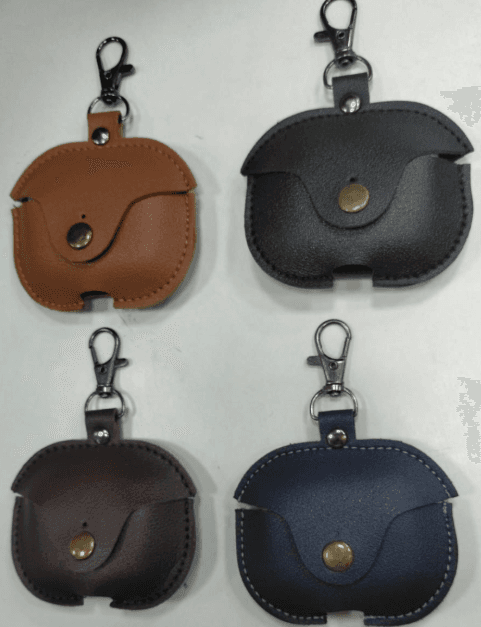 Premium PU Leather Button Pouch Earbuds Protective Case With Keychain Hook