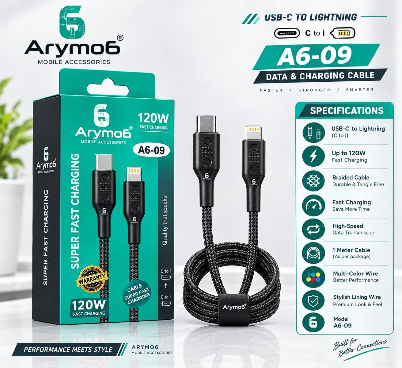 Arymo6 A6-09 120W USB-C To Lightning Braided Cable