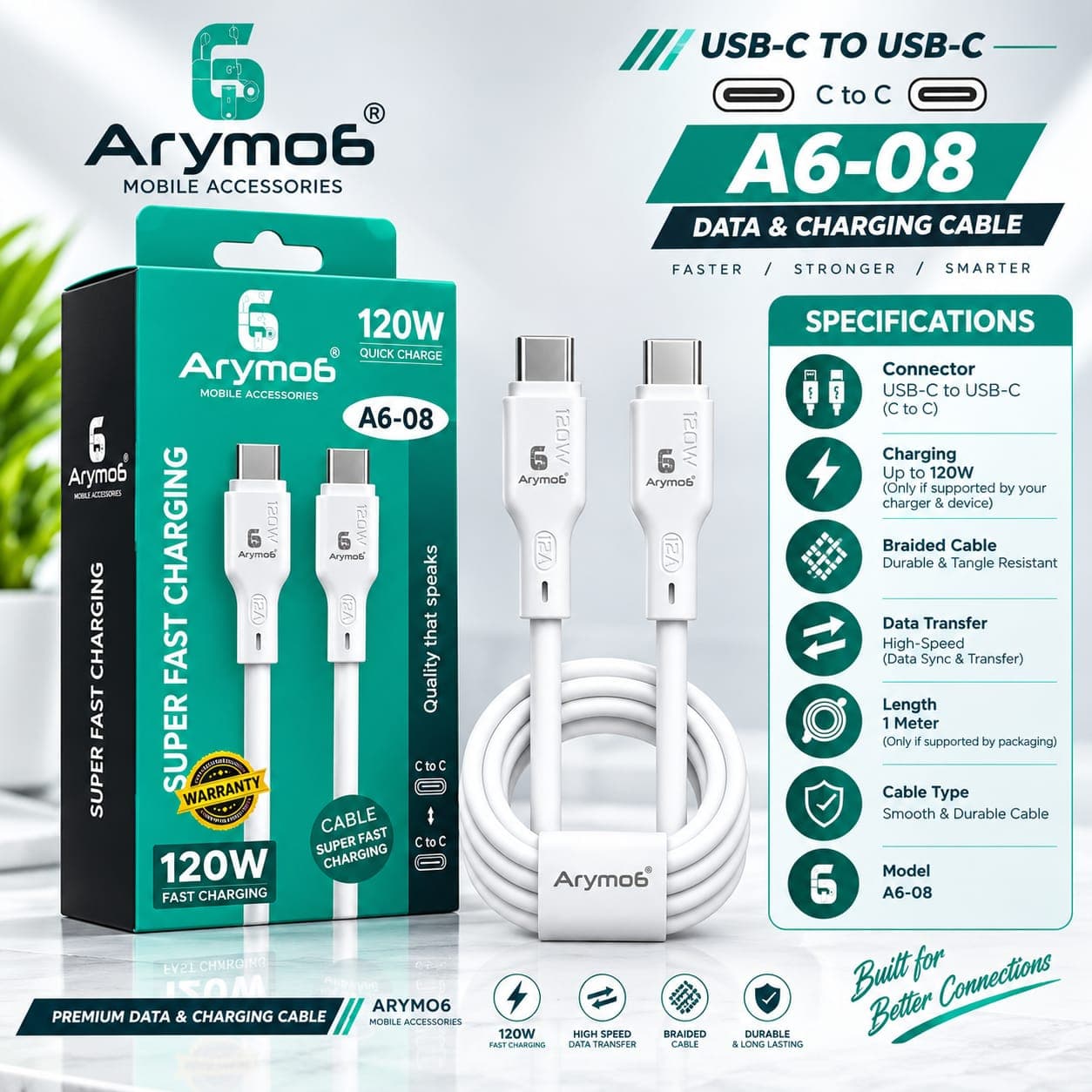 Arymo6 A6-08 120W Type-C To Type-C Data Cable