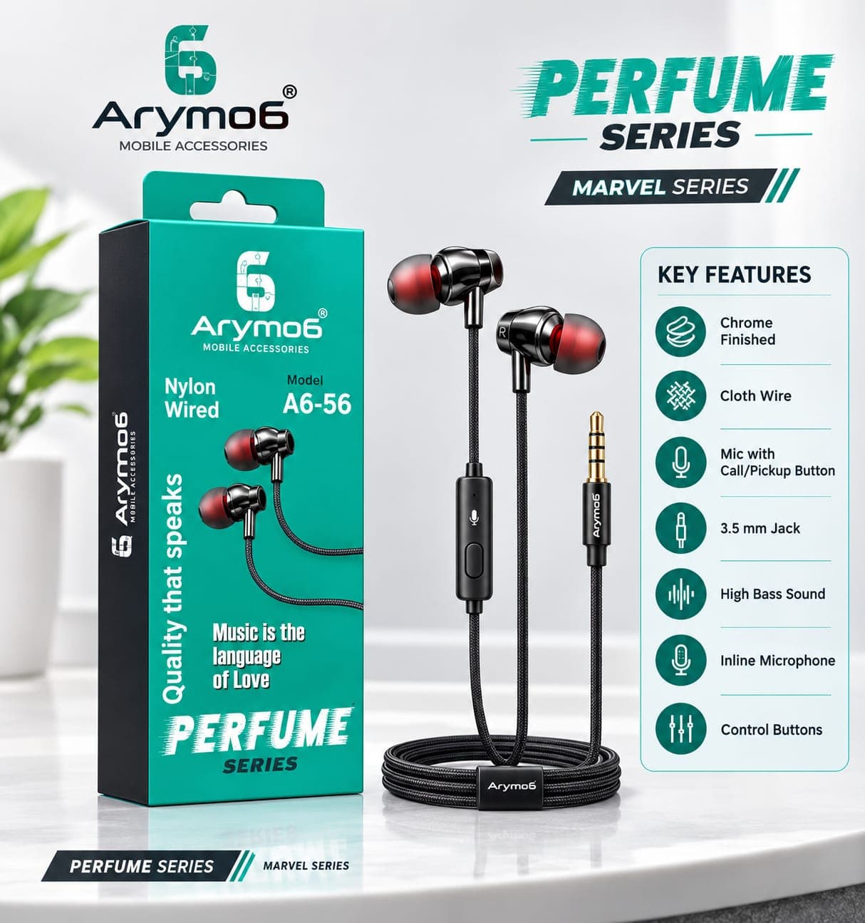 Arymo6 A6-56 Perfume Series Marvel Nylon Wired Earphones With Mic