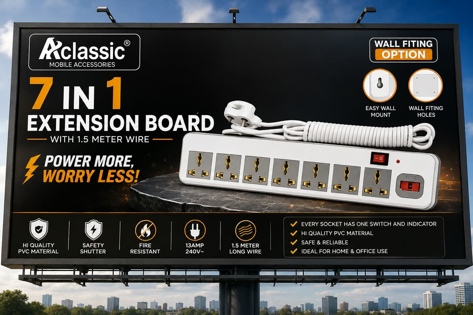 Aclassic 7-in-1 Extension Board With 1.5 Meter Wire image 1