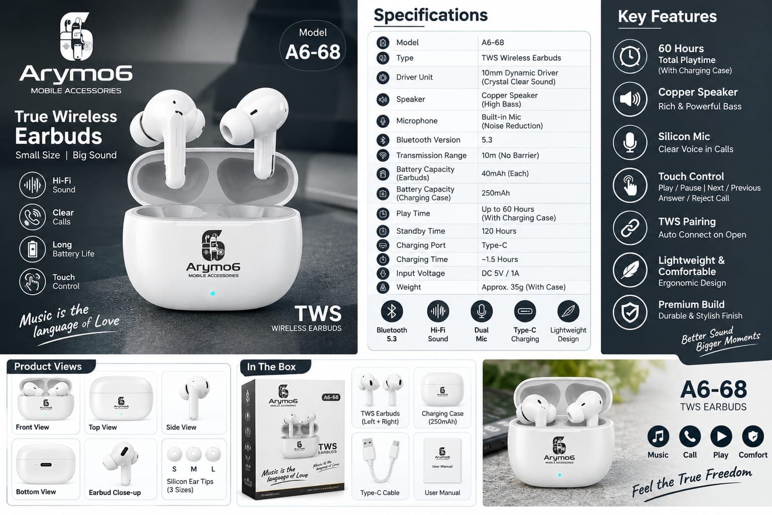 Arymo6 A6-68 True Wireless Stereo (TWS) Bluetooth 5.3 Wireless Earbuds