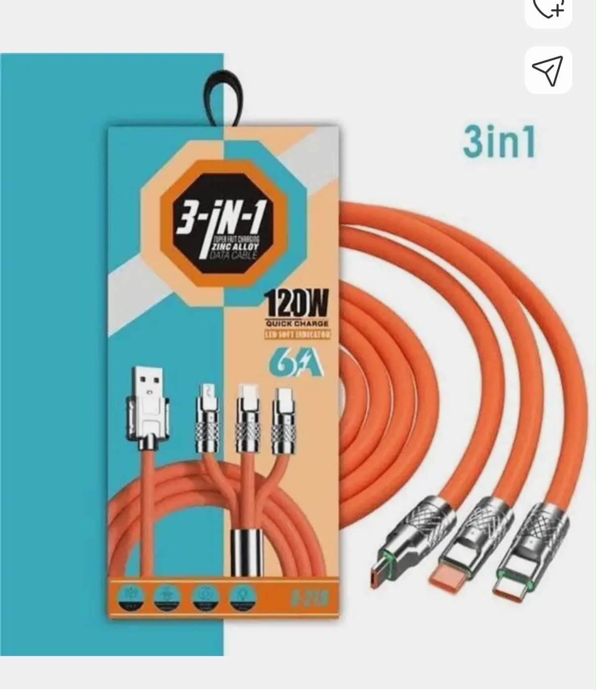 Generic 3-in-1 Zinc Alloy 120W 6A Fast Charging Data Cable image 1