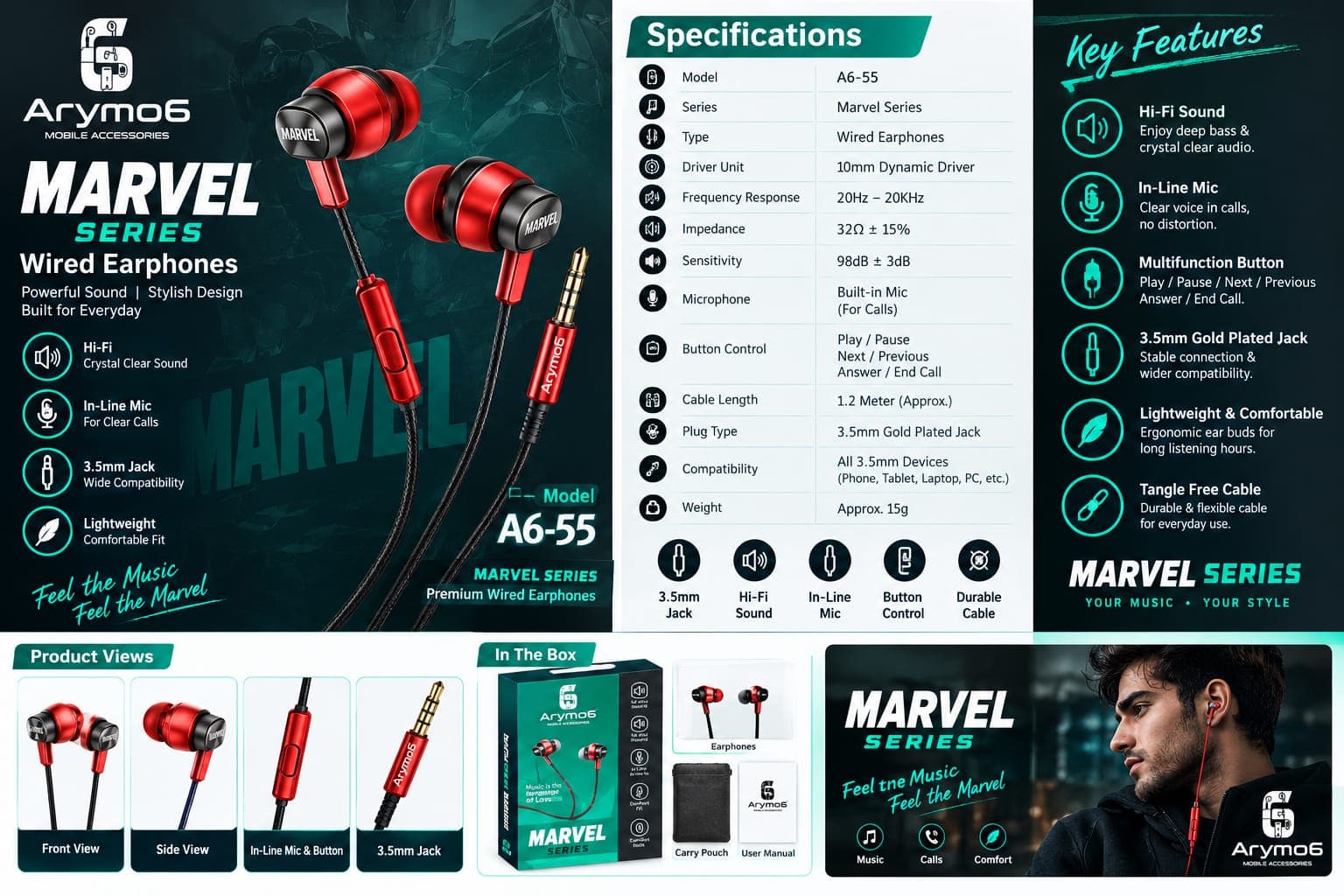 Arymo6 A6-55 Marvel Series 3.5mm Wired Earphones With Mic