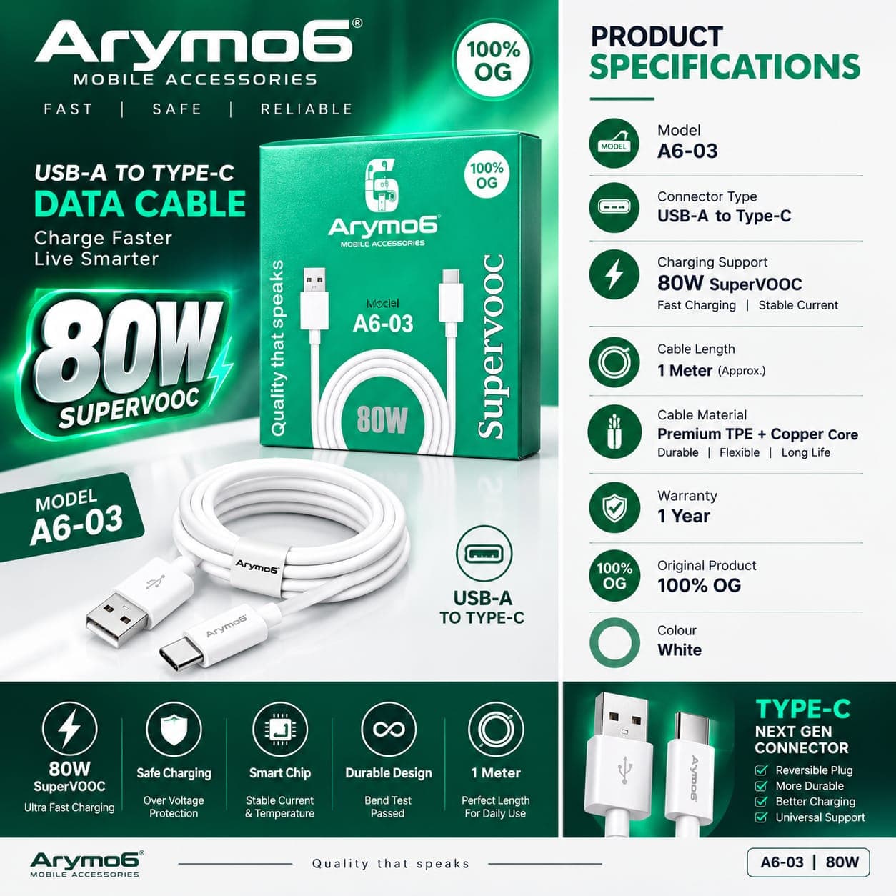 Arymo6 A6-03 80W SuperVOOC USB-A To Type-C Fast Charging Data Cable