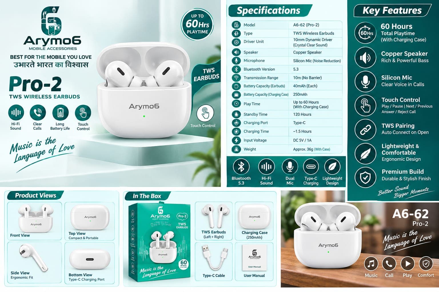 Arymo6 A6-62 Pro-2 60 Hours Playtime TWS Wireless Earbuds
